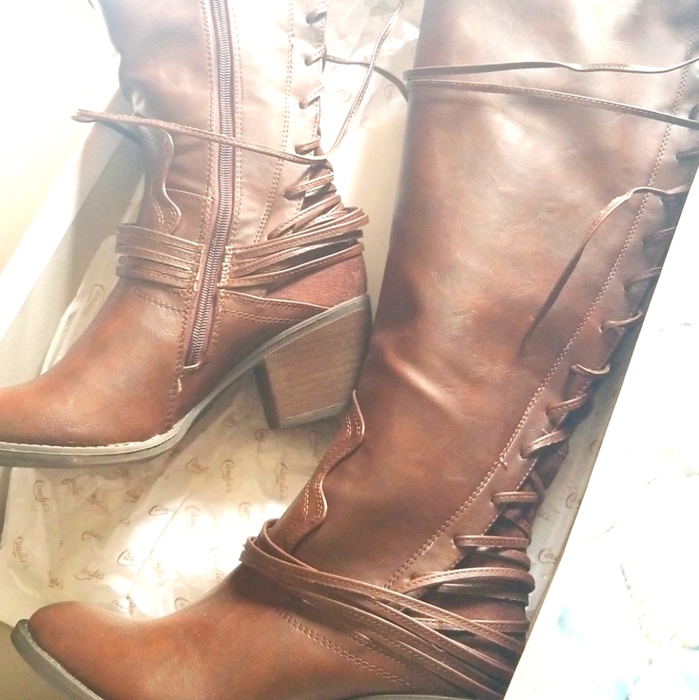 Candies Lace Up knee boots Cacongo Cognac